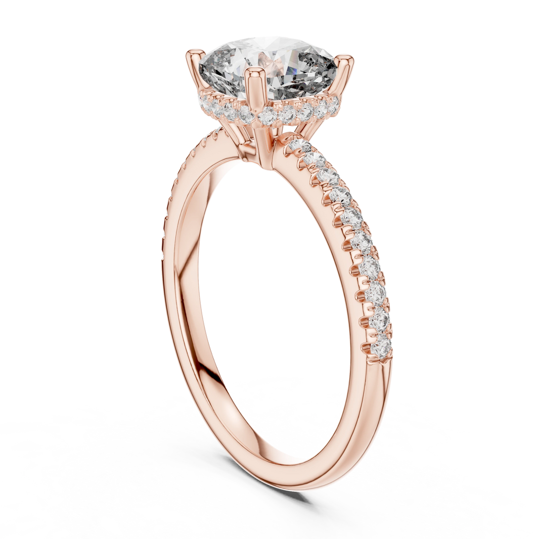 Cushion Hidden Halo Pavé Band Moissanite Engagement Ring in rose 925 sterling silver, view 1