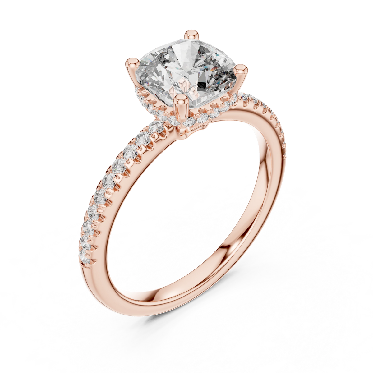 Cushion Hidden Halo Pavé Band Moissanite Engagement Ring in rose 925 sterling silver, view 2