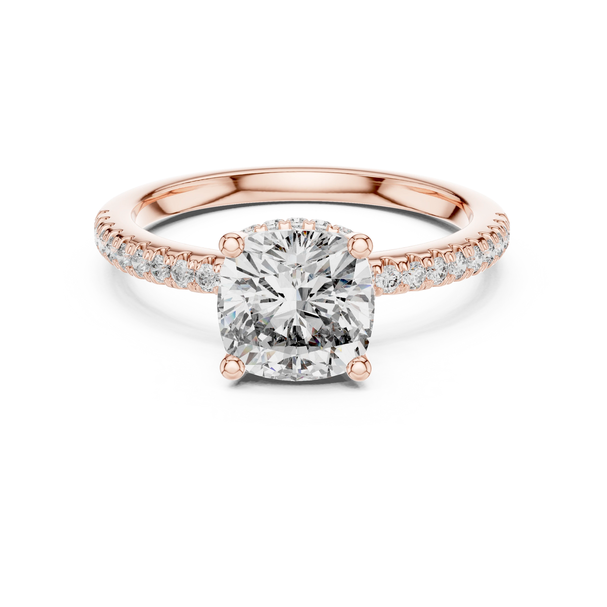 Cushion Hidden Halo Pavé Band Moissanite Engagement Ring in rose 925 sterling silver, view 4
