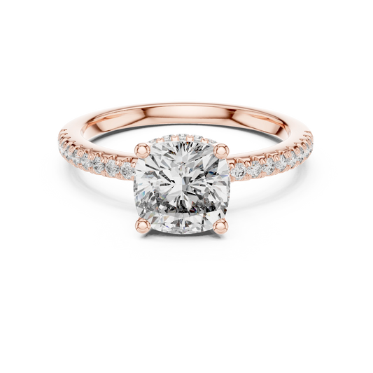 Cushion Hidden Halo Pavé Band Moissanite Engagement Ring in rose 925 sterling silver, view 4