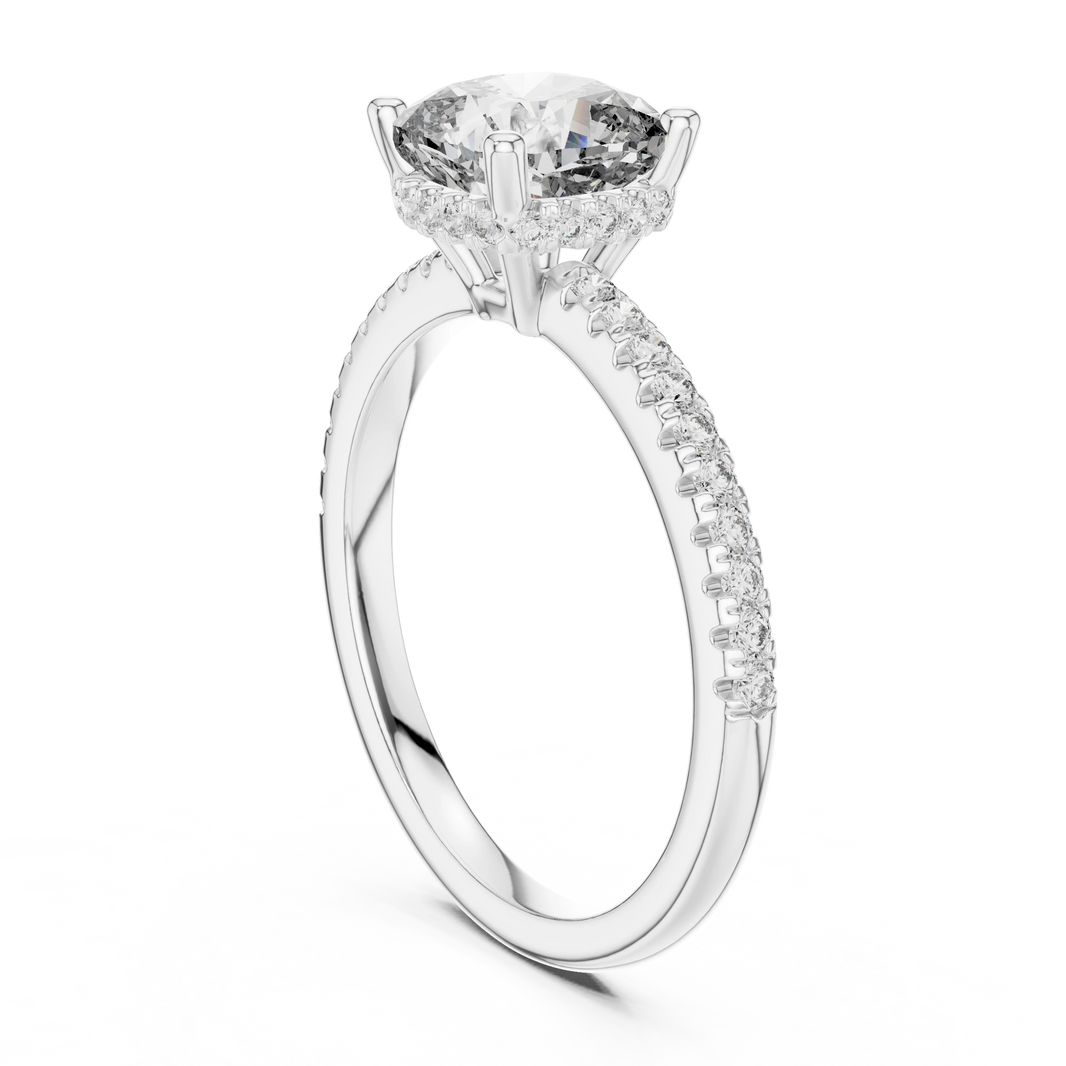 Cushion Hidden Halo Pavé Band Moissanite Engagement Ring in white 925 sterling silver, view 1