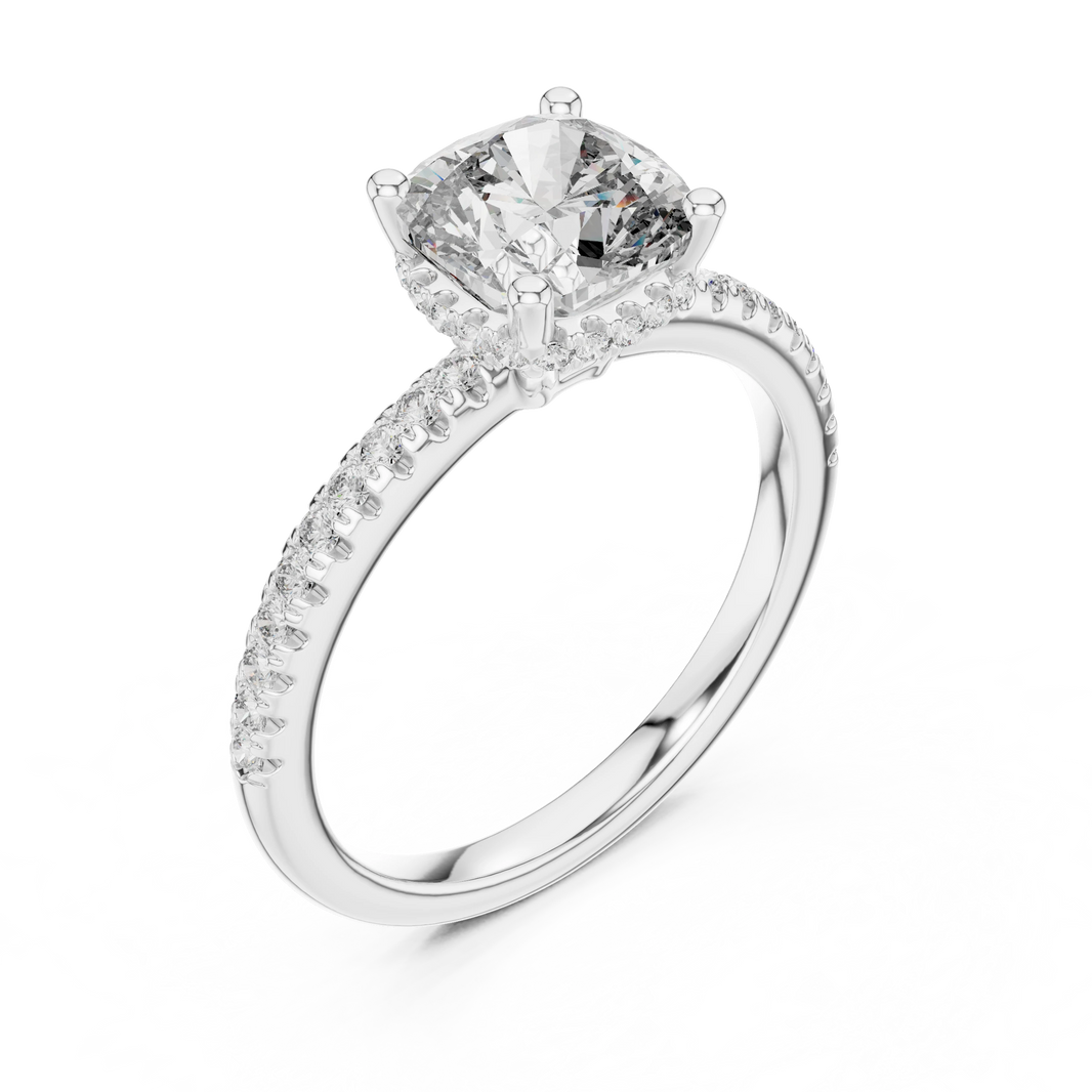 Cushion Hidden Halo Pavé Band Moissanite Engagement Ring in white 925 sterling silver, view 2