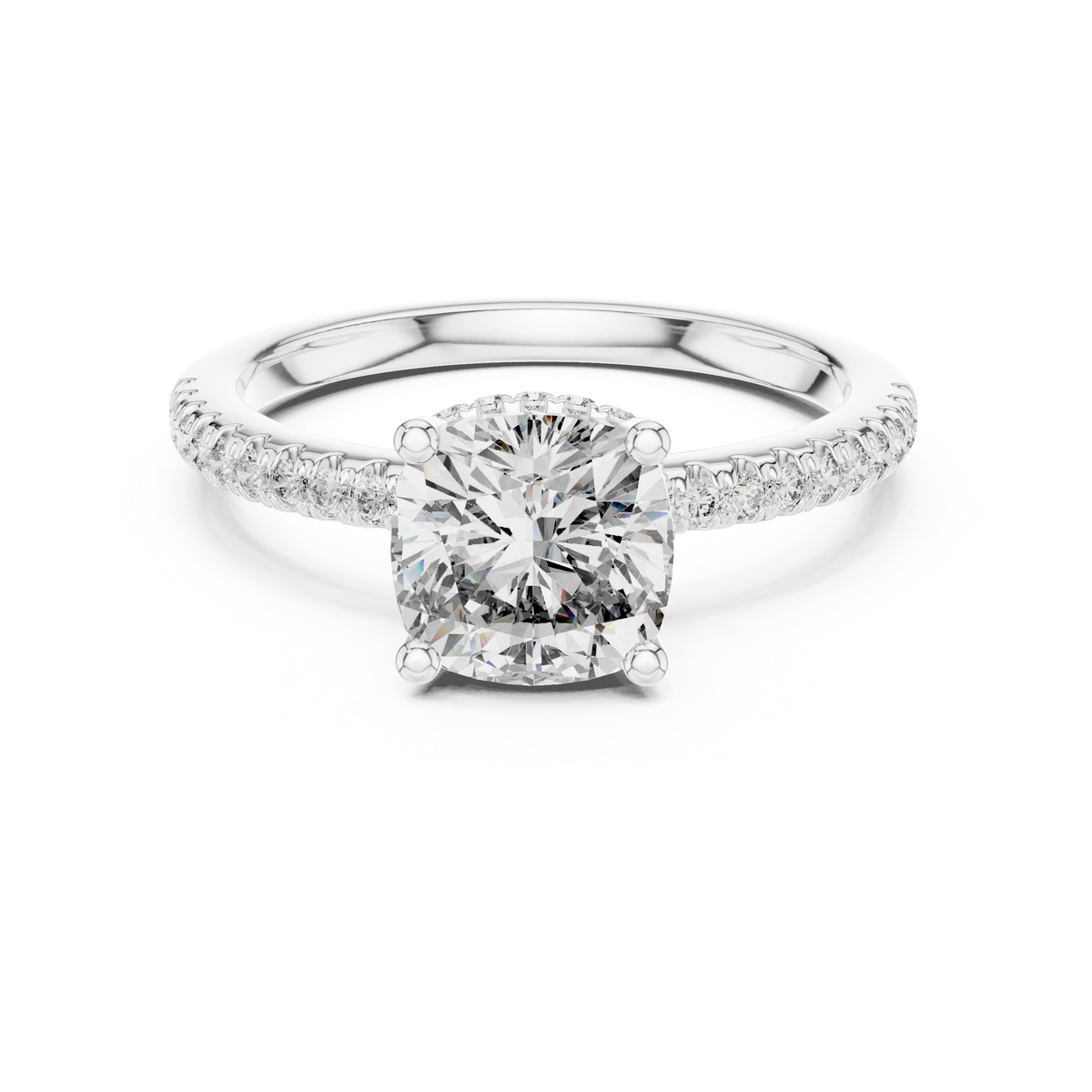 Cushion Hidden Halo Pavé Band Moissanite Engagement Ring in white 925 sterling silver, view 4