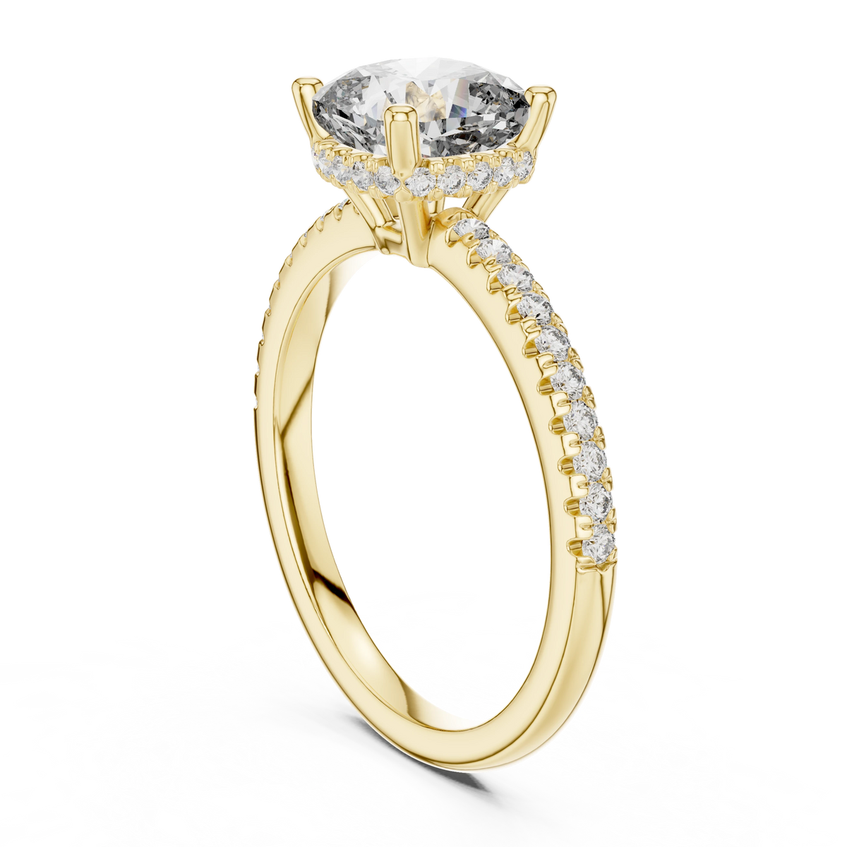 Cushion Hidden Halo Pavé Band Moissanite Engagement Ring in yellow 925 sterling silver, view 1