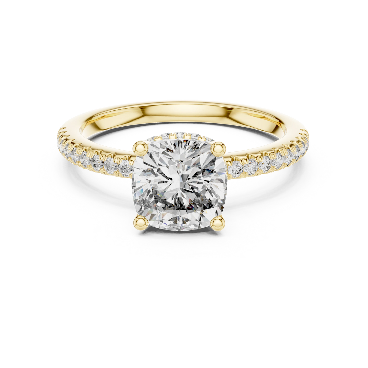Cushion Hidden Halo Pavé Band Moissanite Engagement Ring in yellow 925 sterling silver, view 4