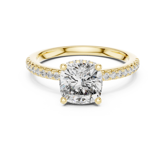 Cushion Hidden Halo Pavé Band Moissanite Engagement Ring in yellow 925 sterling silver, view 4