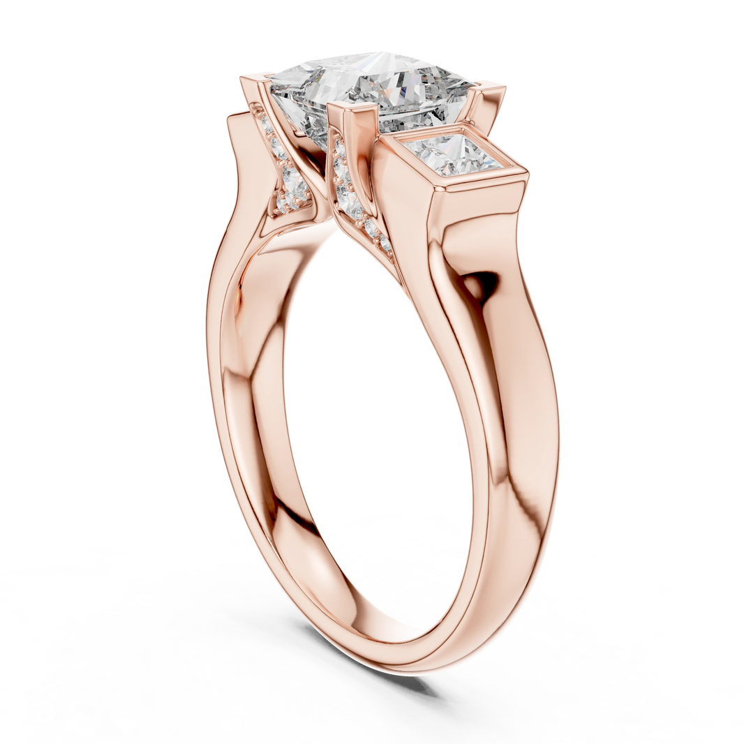 Princess Cut Three Stone Bezel Moissanite Engagement Ring in rose 925 sterling silver, view 1