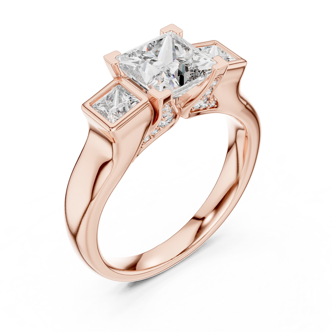 Princess Cut Three Stone Bezel Moissanite Engagement Ring in rose 925 sterling silver, view 2