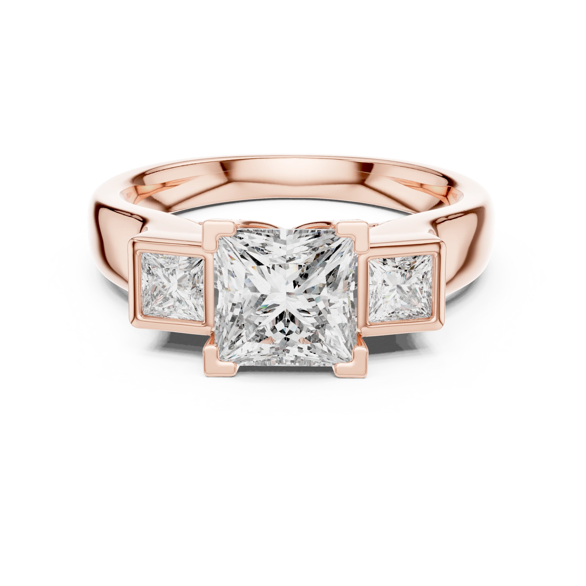 Princess Cut Three Stone Bezel Moissanite Engagement Ring in rose 925 sterling silver, view 4
