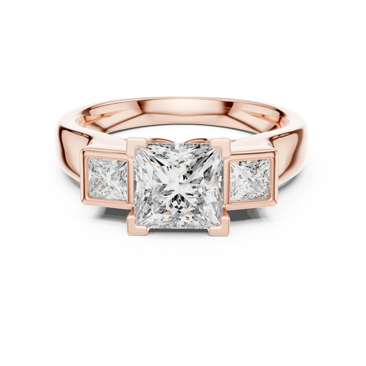 Princess Cut Three Stone Bezel Moissanite Engagement Ring in rose 925 sterling silver, view 4