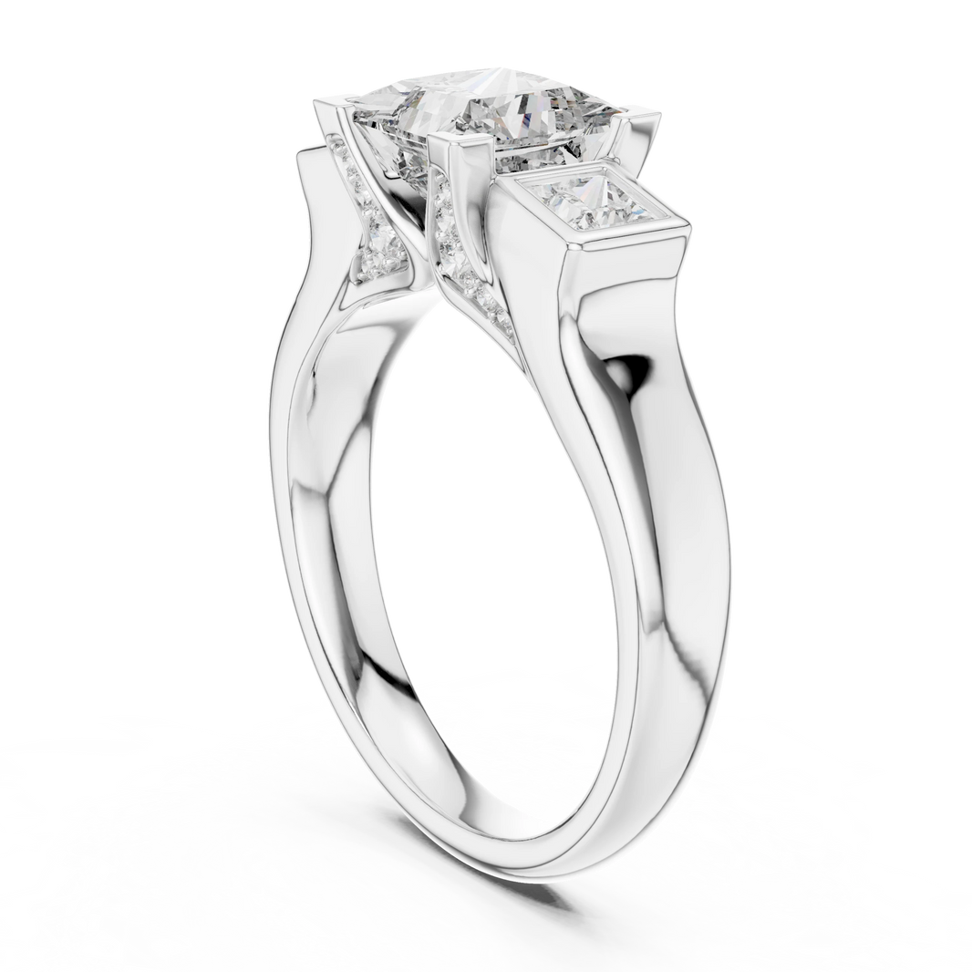 Princess Cut Three Stone Bezel Moissanite Engagement Ring in white 925 sterling silver, view 1