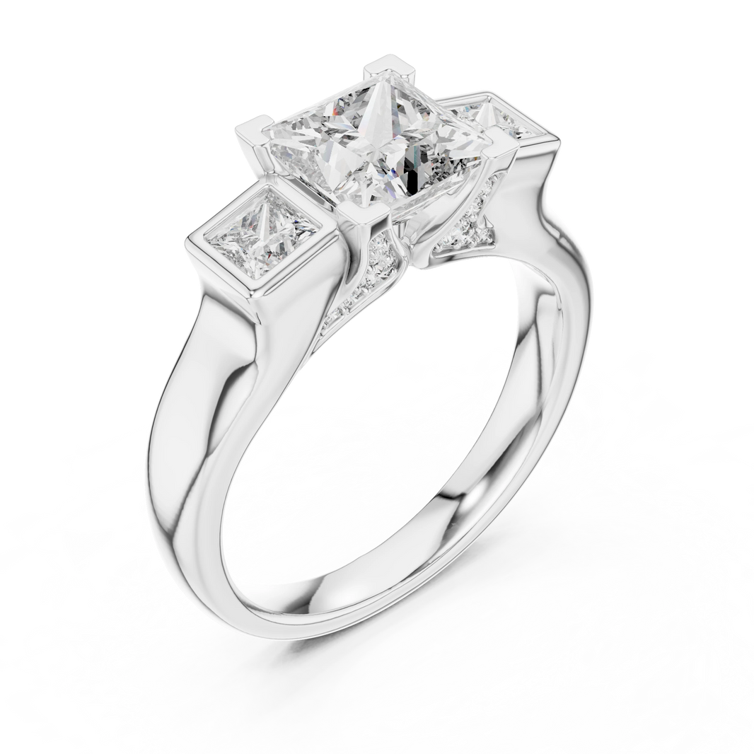 Princess Cut Three Stone Bezel Moissanite Engagement Ring in white 925 sterling silver, view 2