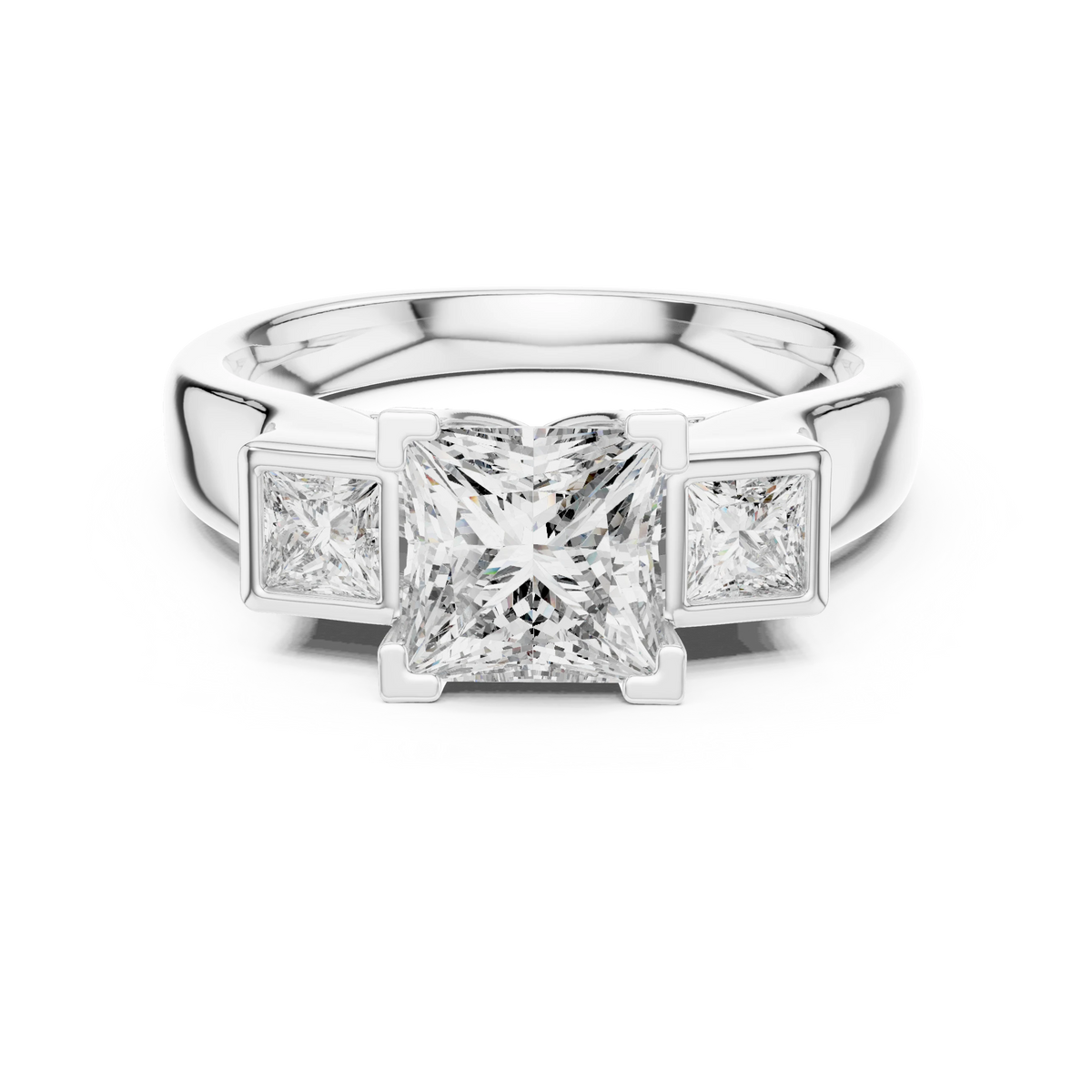 Princess Cut Three Stone Bezel Moissanite Engagement Ring in white 925 sterling silver, view 4