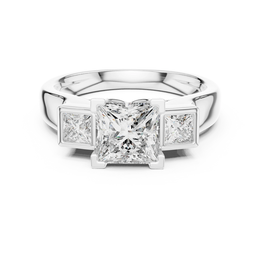 Princess Cut Three Stone Bezel Moissanite Engagement Ring in white 925 sterling silver, view 4