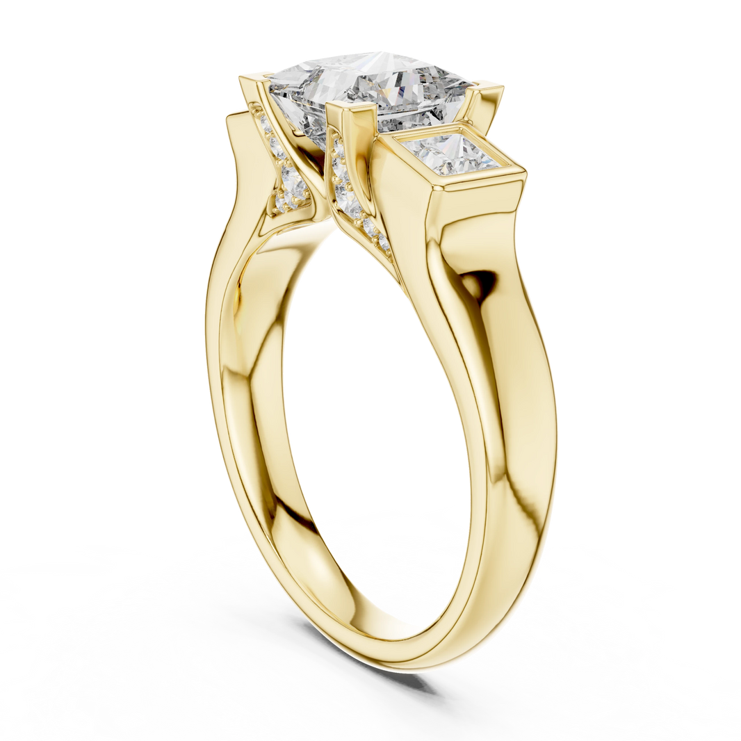 Princess Cut Three Stone Bezel Moissanite Engagement Ring in yellow 925 sterling silver, view 1