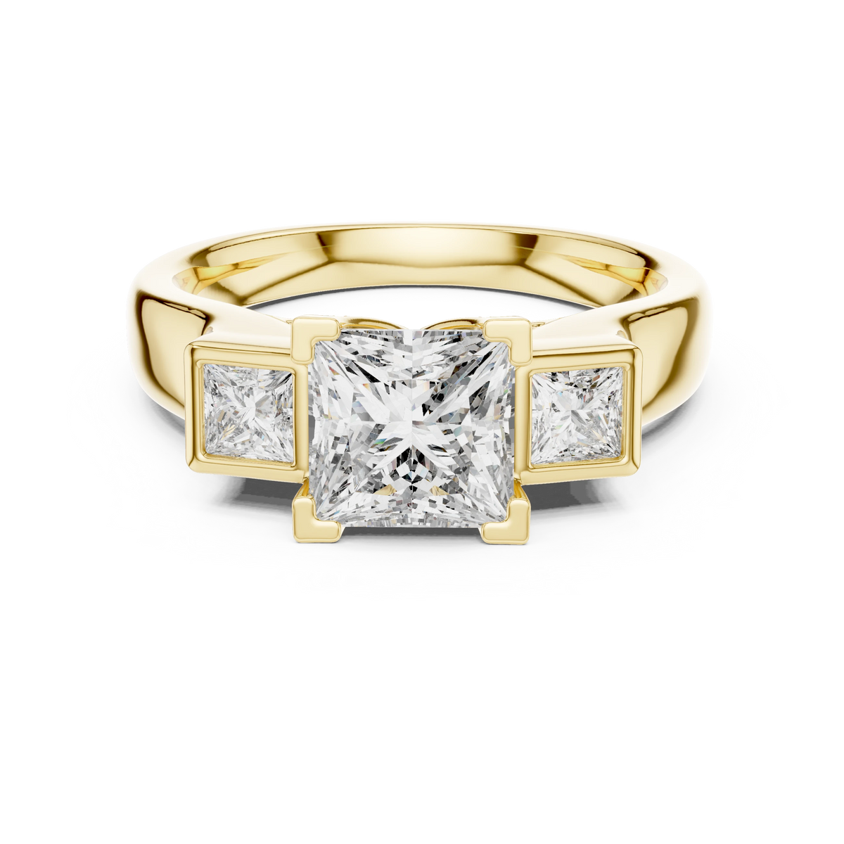 Princess Cut Three Stone Bezel Moissanite Engagement Ring in yellow 925 sterling silver, view 4