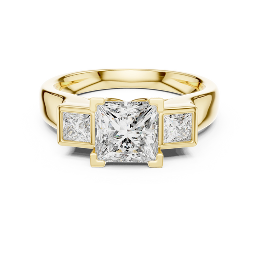 Princess Cut Three Stone Bezel Moissanite Engagement Ring in yellow 925 sterling silver, view 4