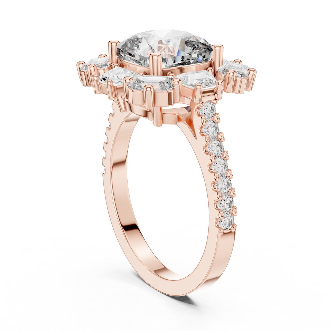 Cushion Mixed Baguette Halo Moissanite Engagement Ring in rose 925 sterling silver, view 1