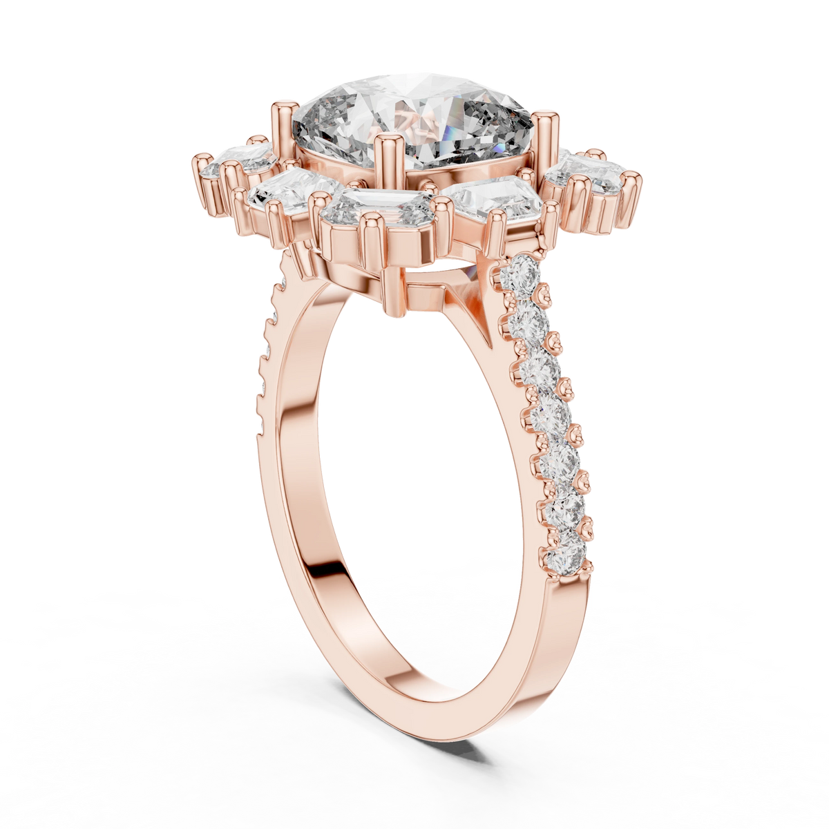 Cushion Mixed Baguette Halo Moissanite Engagement Ring in rose 925 sterling silver, view 1