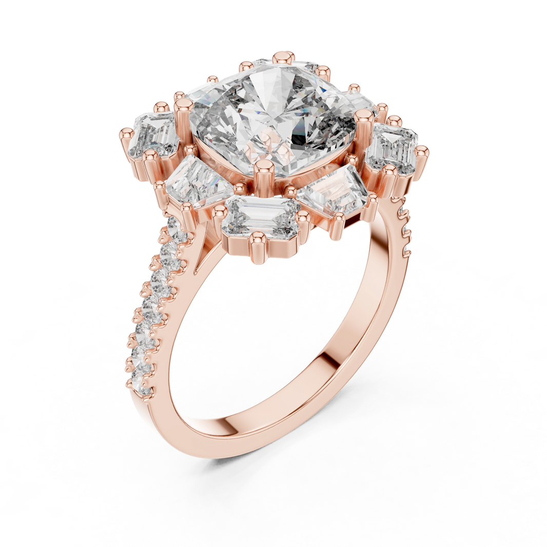 Cushion Mixed Baguette Halo Moissanite Engagement Ring in rose 925 sterling silver, view 2