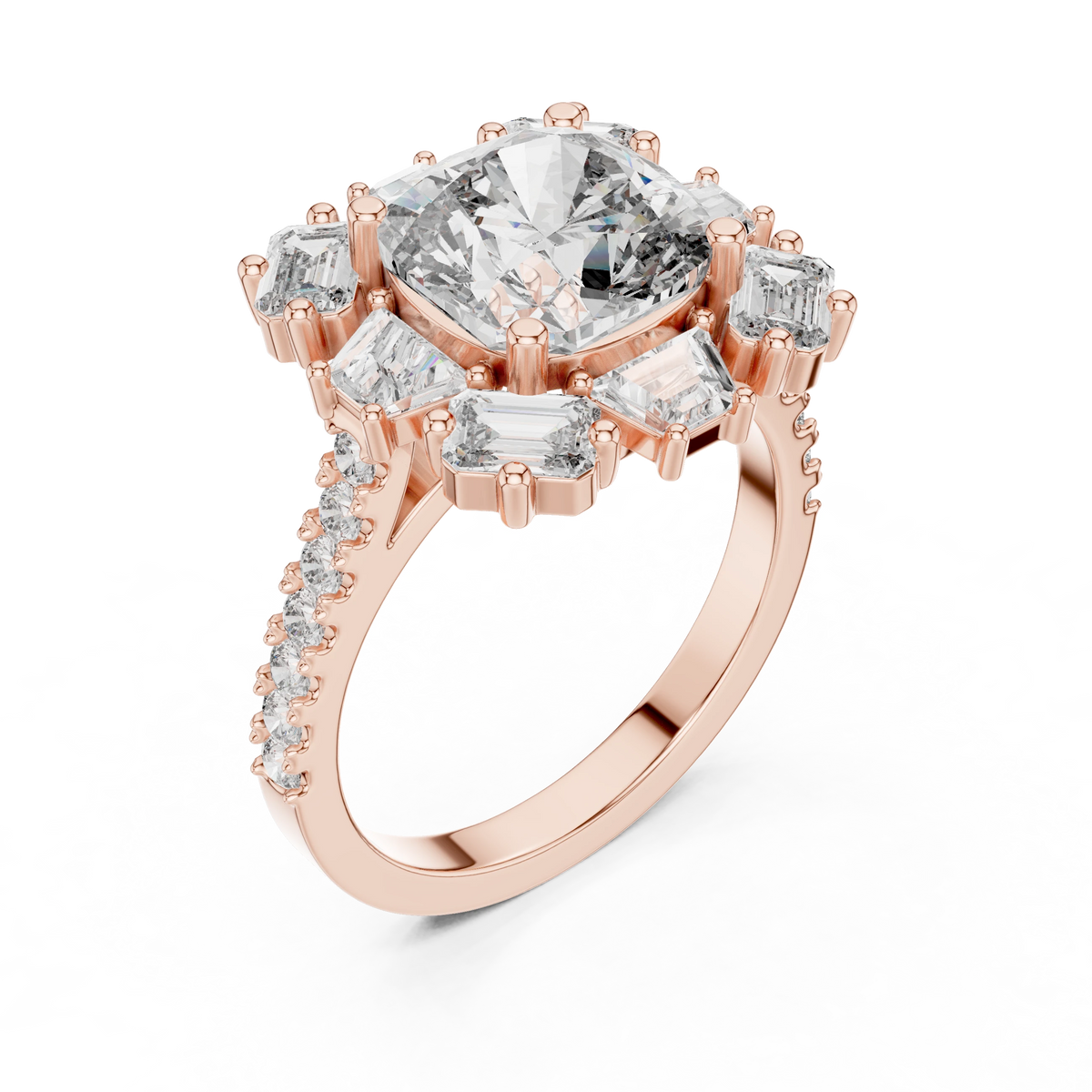 Cushion Mixed Baguette Halo Moissanite Engagement Ring in rose 925 sterling silver, view 2
