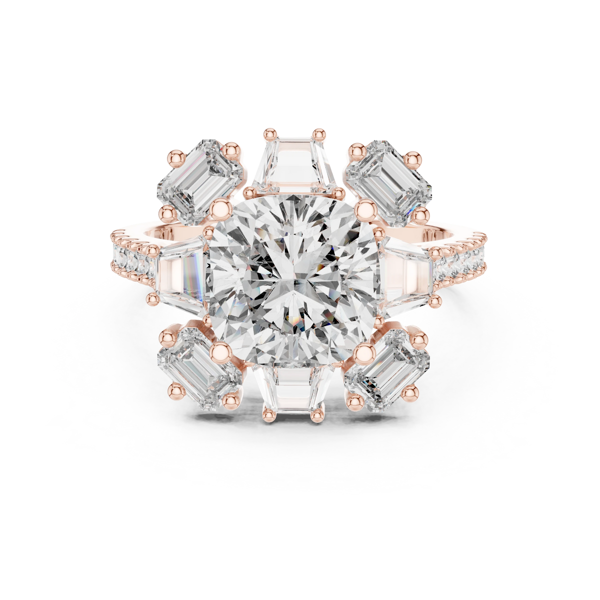 Cushion Mixed Baguette Halo Moissanite Engagement Ring in rose 925 sterling silver, view 4