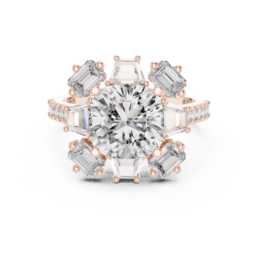 Cushion Mixed Baguette Halo Moissanite Engagement Ring in rose 925 sterling silver, view 4