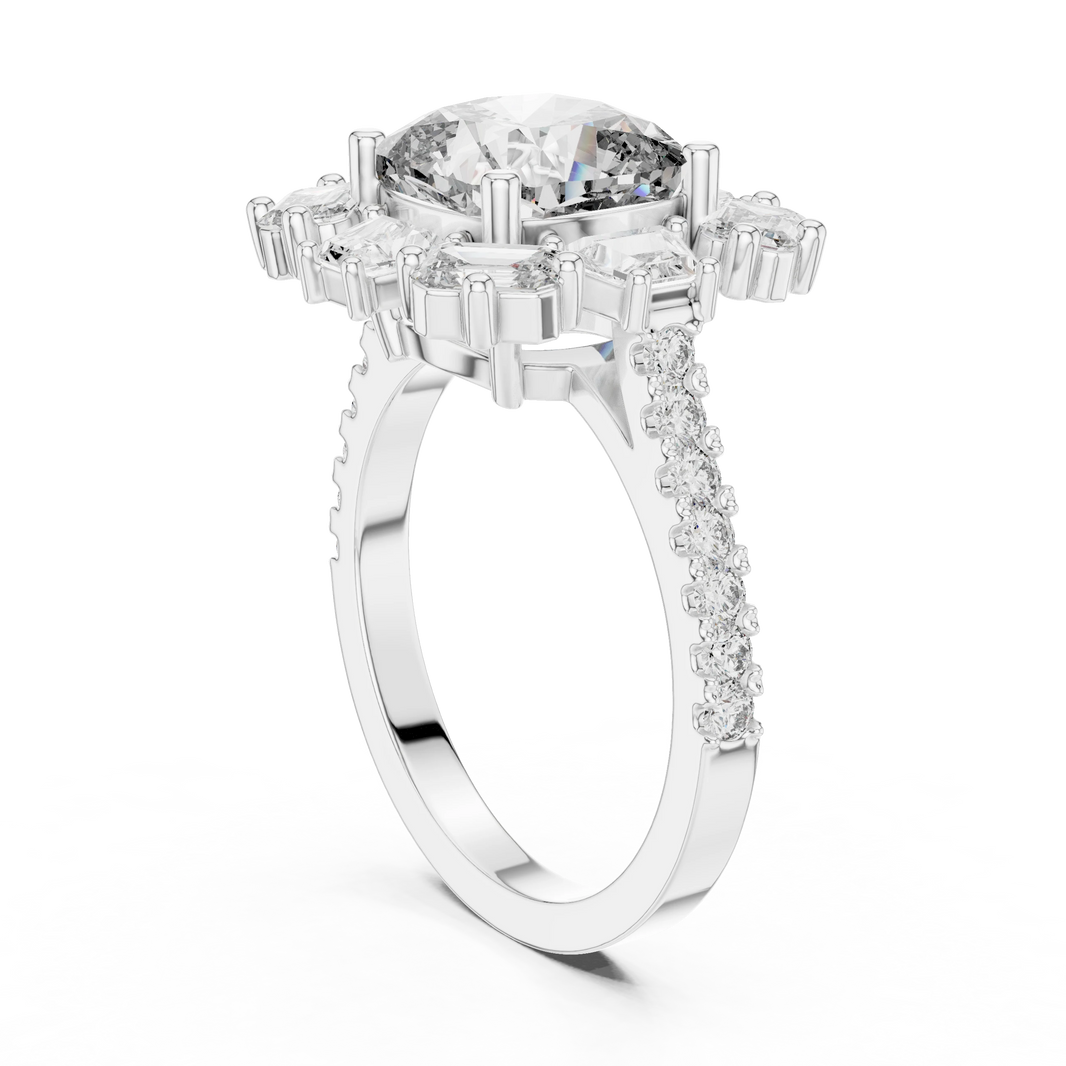 Cushion Mixed Baguette Halo Moissanite Engagement Ring in white 925 sterling silver, view 1