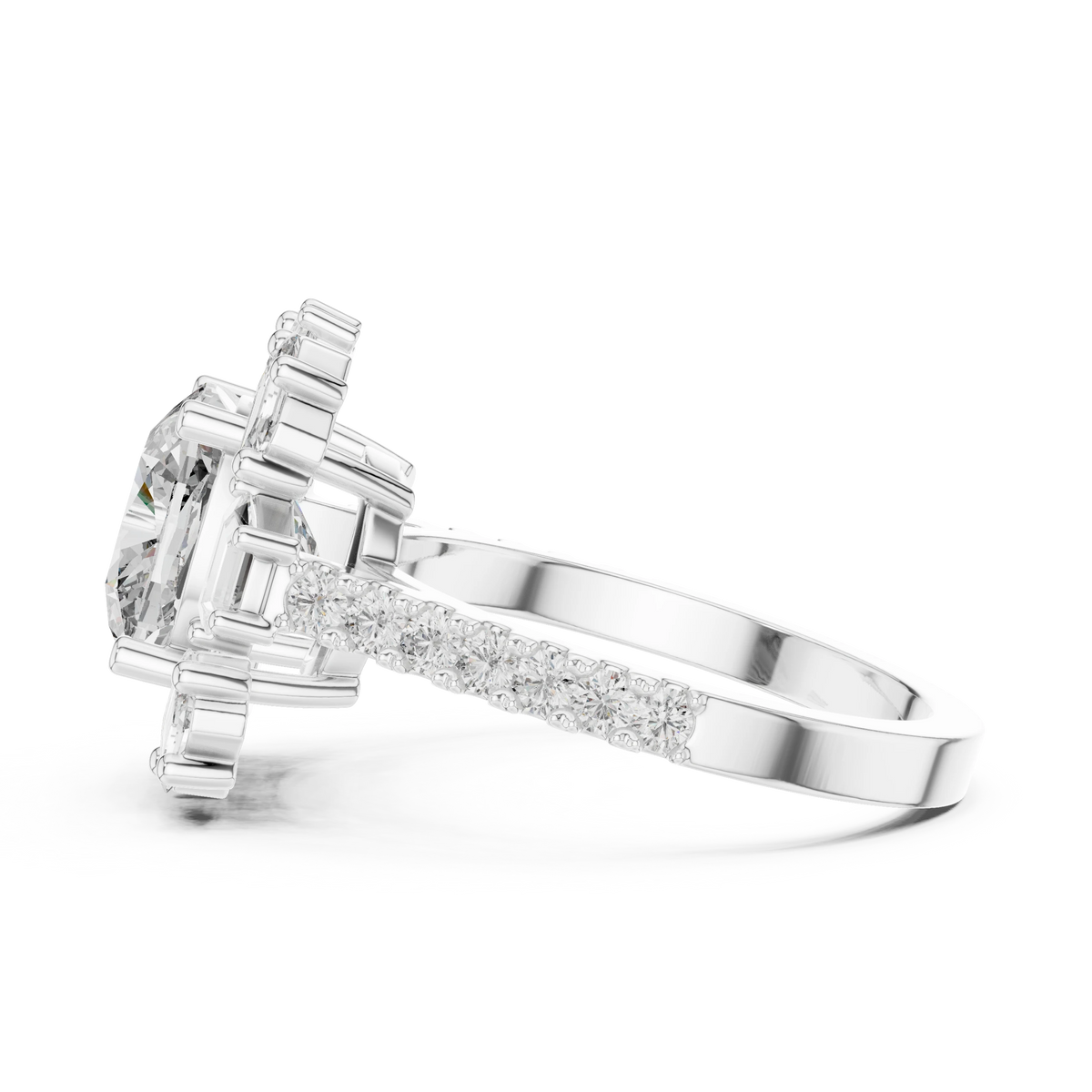Cushion Mixed Baguette Halo Moissanite Engagement Ring in white 925 sterling silver, view 3