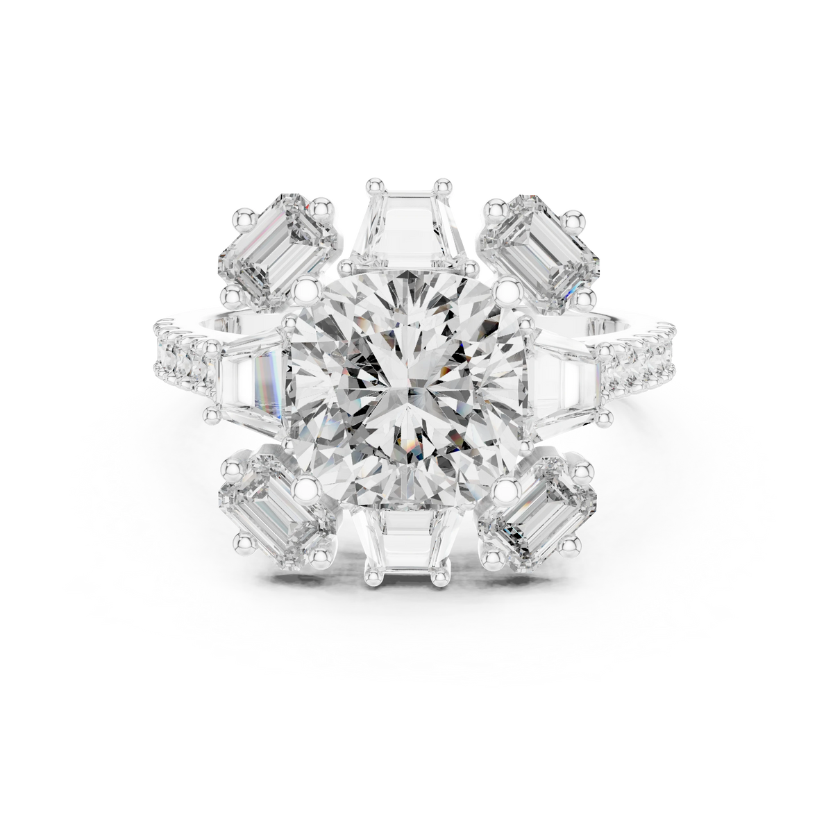 Cushion Mixed Baguette Halo Moissanite Engagement Ring in white 925 sterling silver, view 4