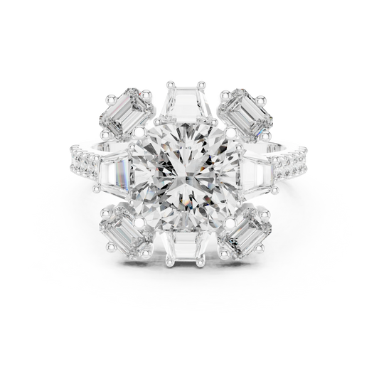 Cushion Mixed Baguette Halo Moissanite Engagement Ring in white 925 sterling silver, view 4