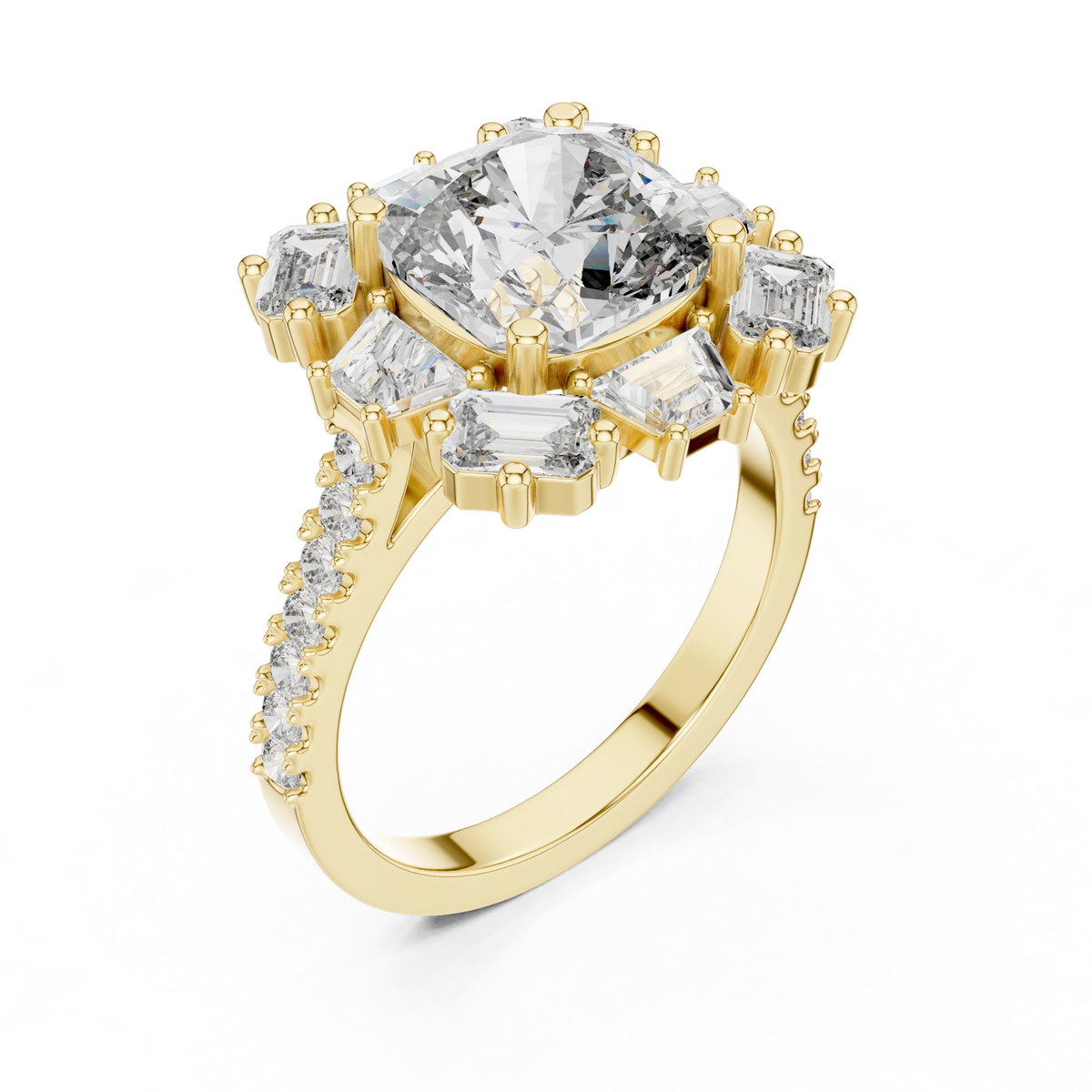 Cushion Mixed Baguette Halo Moissanite Engagement Ring in yellow 925 sterling silver, view 2