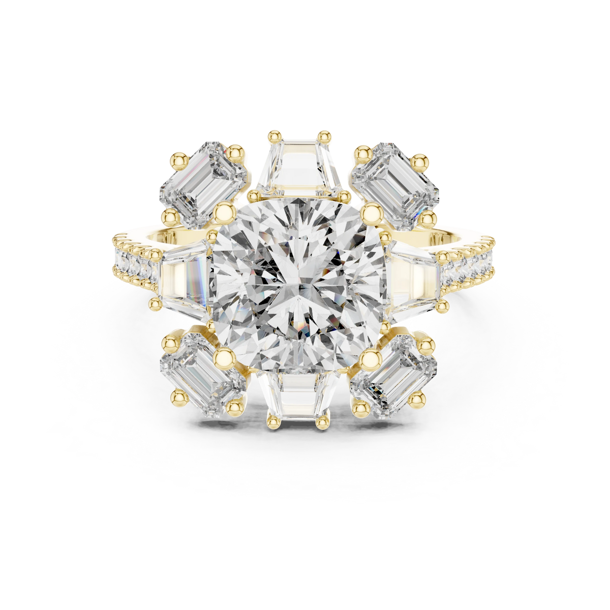 Cushion Mixed Baguette Halo Moissanite Engagement Ring in yellow 925 sterling silver, view 4