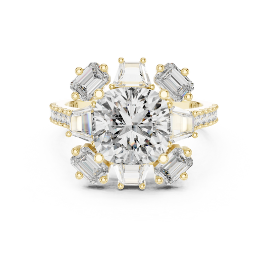 Cushion Mixed Baguette Halo Moissanite Engagement Ring in yellow 925 sterling silver, view 4