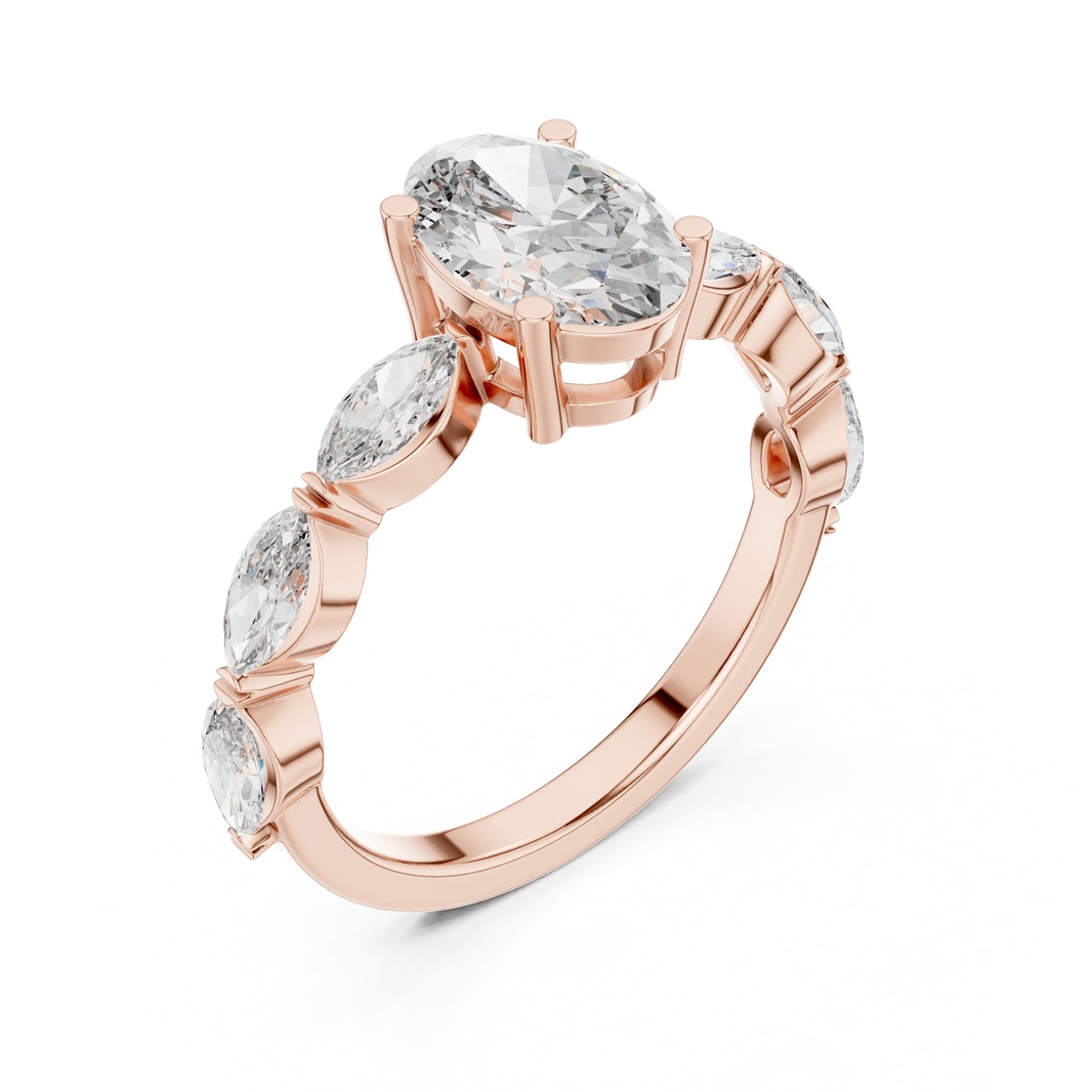 Oval Marquise Station Moissanite Engagement Ring in rose 925 sterling silver, view 2
