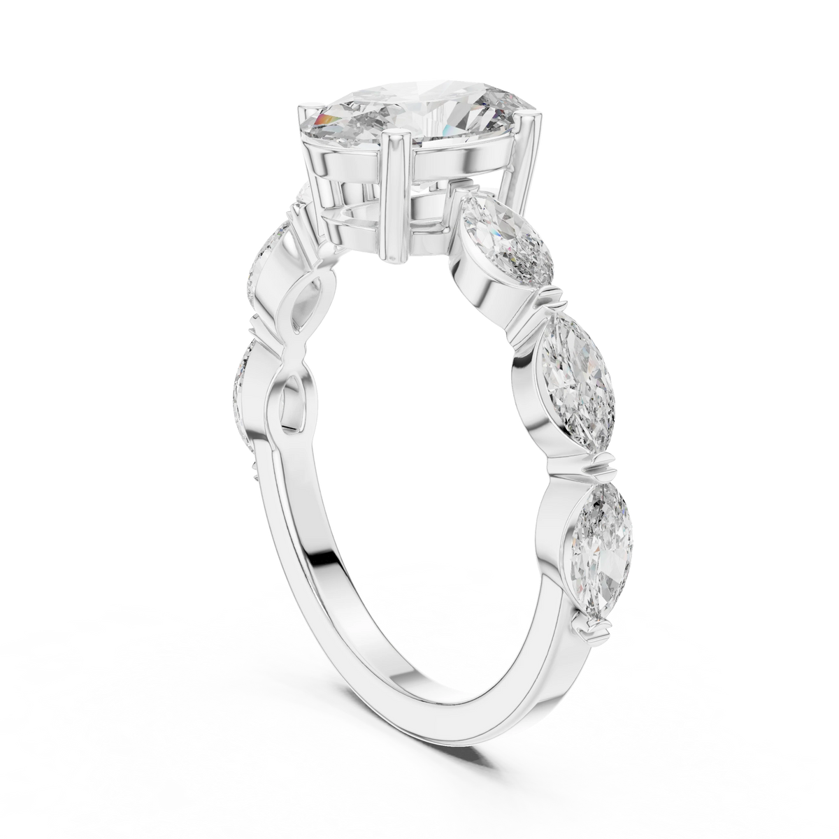 Oval Marquise Station Moissanite Engagement Ring in white 925 sterling silver, view 1