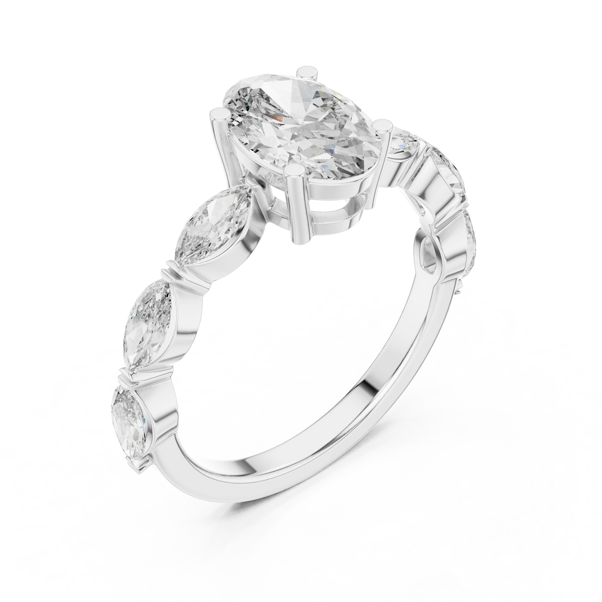 Oval Marquise Station Moissanite Engagement Ring in white 925 sterling silver, view 2