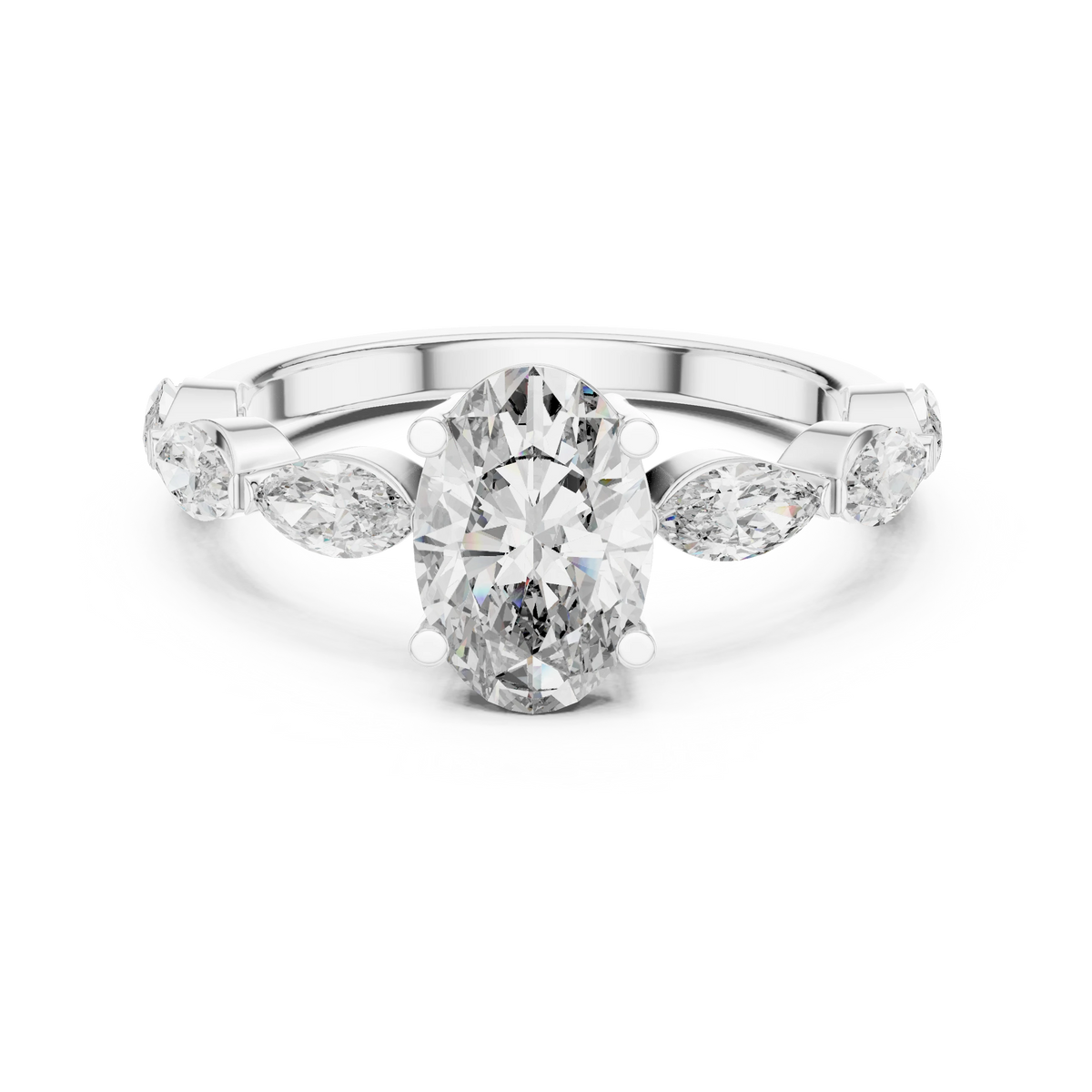 Oval Marquise Station Moissanite Engagement Ring in white 925 sterling silver, view 4