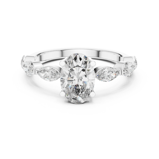 Oval Marquise Station Moissanite Engagement Ring in white 925 sterling silver, view 4