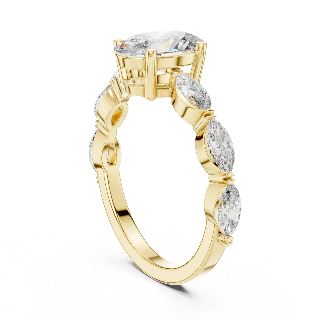 Oval Marquise Station Moissanite Engagement Ring in yellow 925 sterling silver, view 1