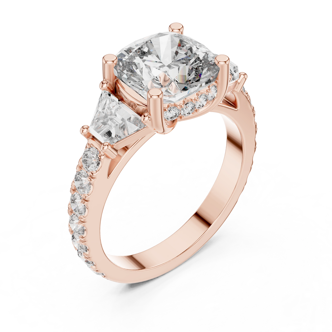 Cushion Trapezoid Three Stone Moissanite Engagement Ring in rose 925 sterling silver, view 2