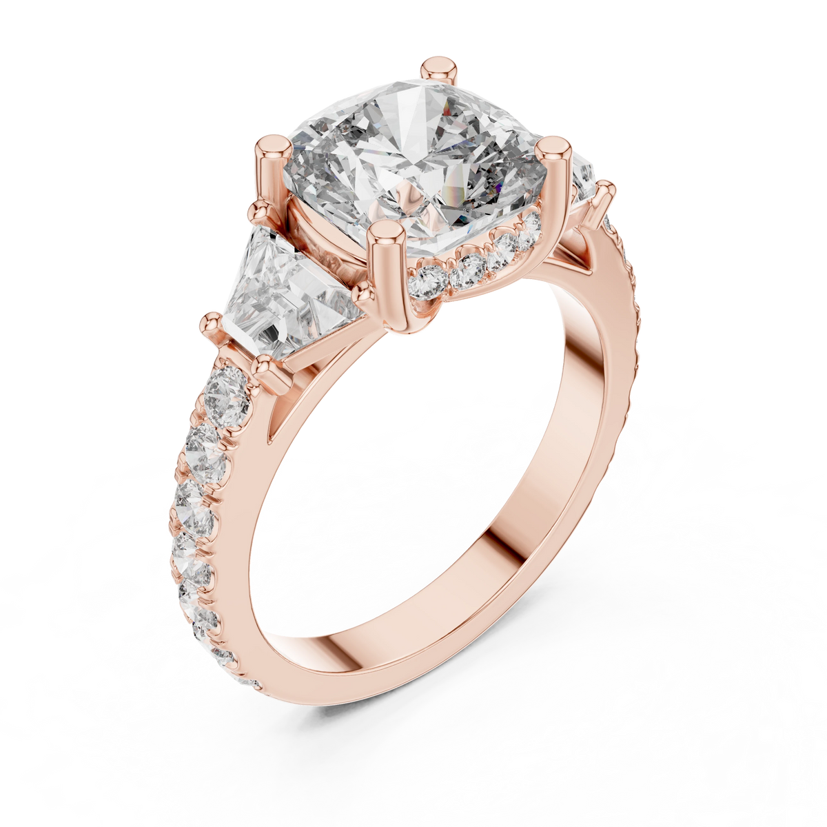 Cushion Trapezoid Three Stone Moissanite Engagement Ring in rose 925 sterling silver, view 2