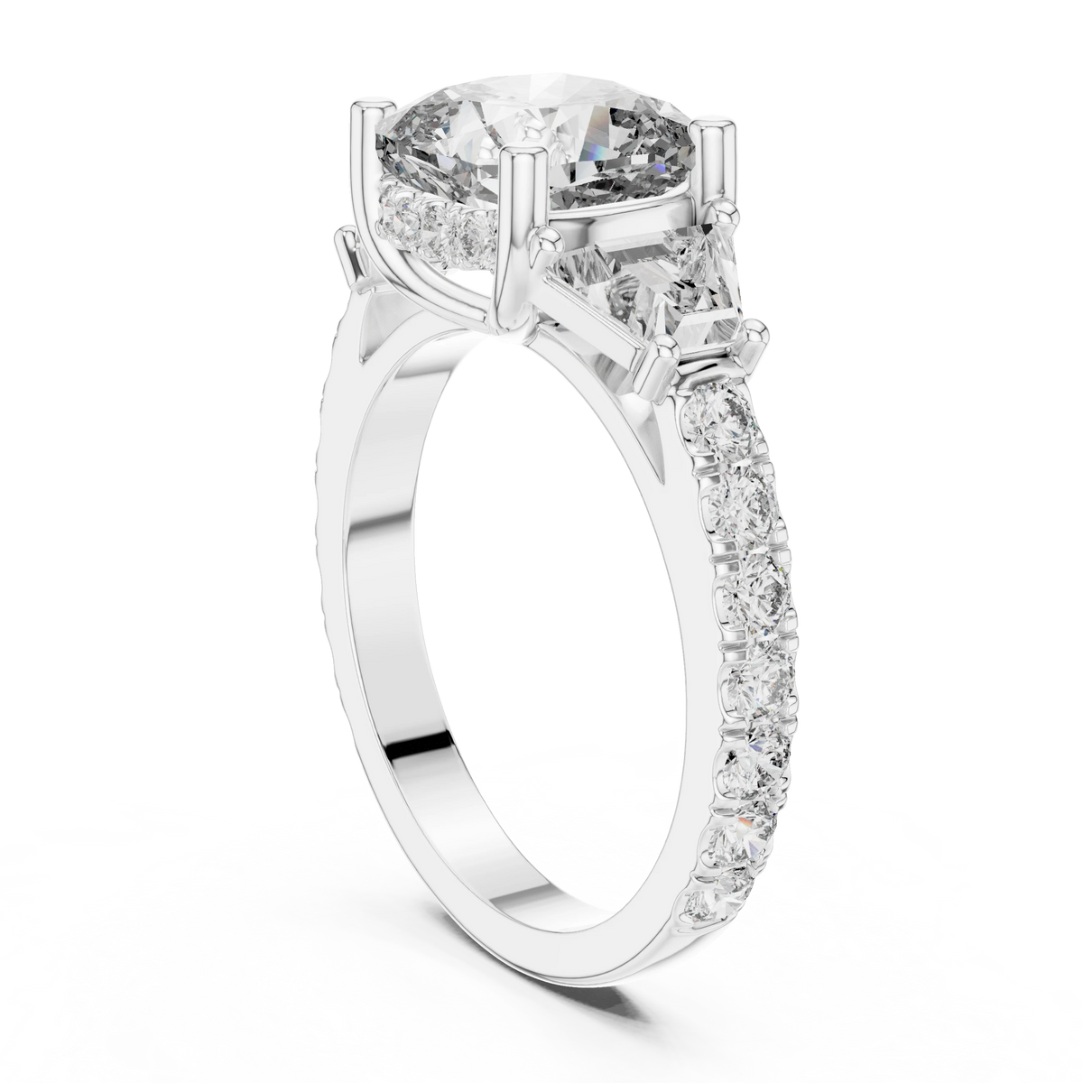 Cushion Trapezoid Three Stone Moissanite Engagement Ring in white 925 sterling silver, view 1
