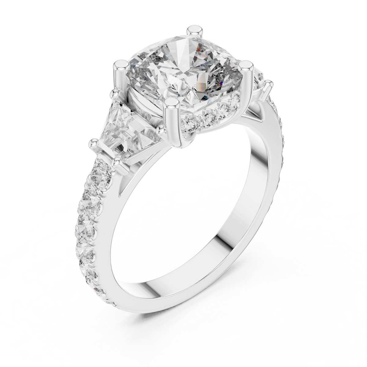 Cushion Trapezoid Three Stone Moissanite Engagement Ring in white 925 sterling silver, view 2