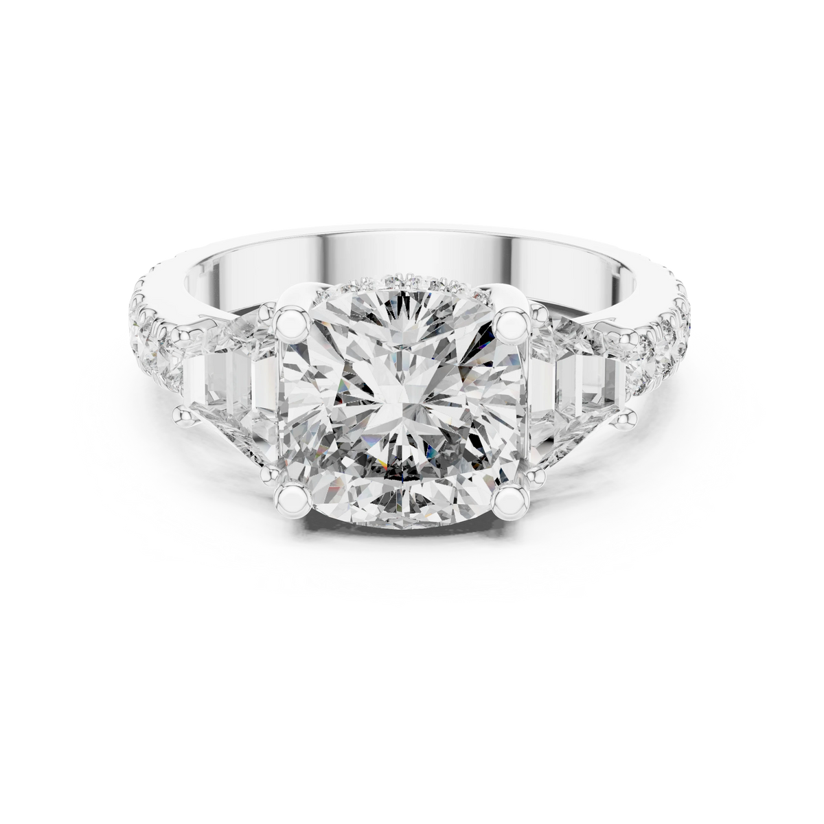 Cushion Trapezoid Three Stone Moissanite Engagement Ring in white 925 sterling silver, view 4