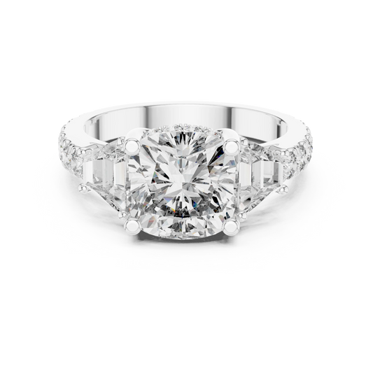 Cushion Trapezoid Three Stone Moissanite Engagement Ring in white 925 sterling silver, view 4