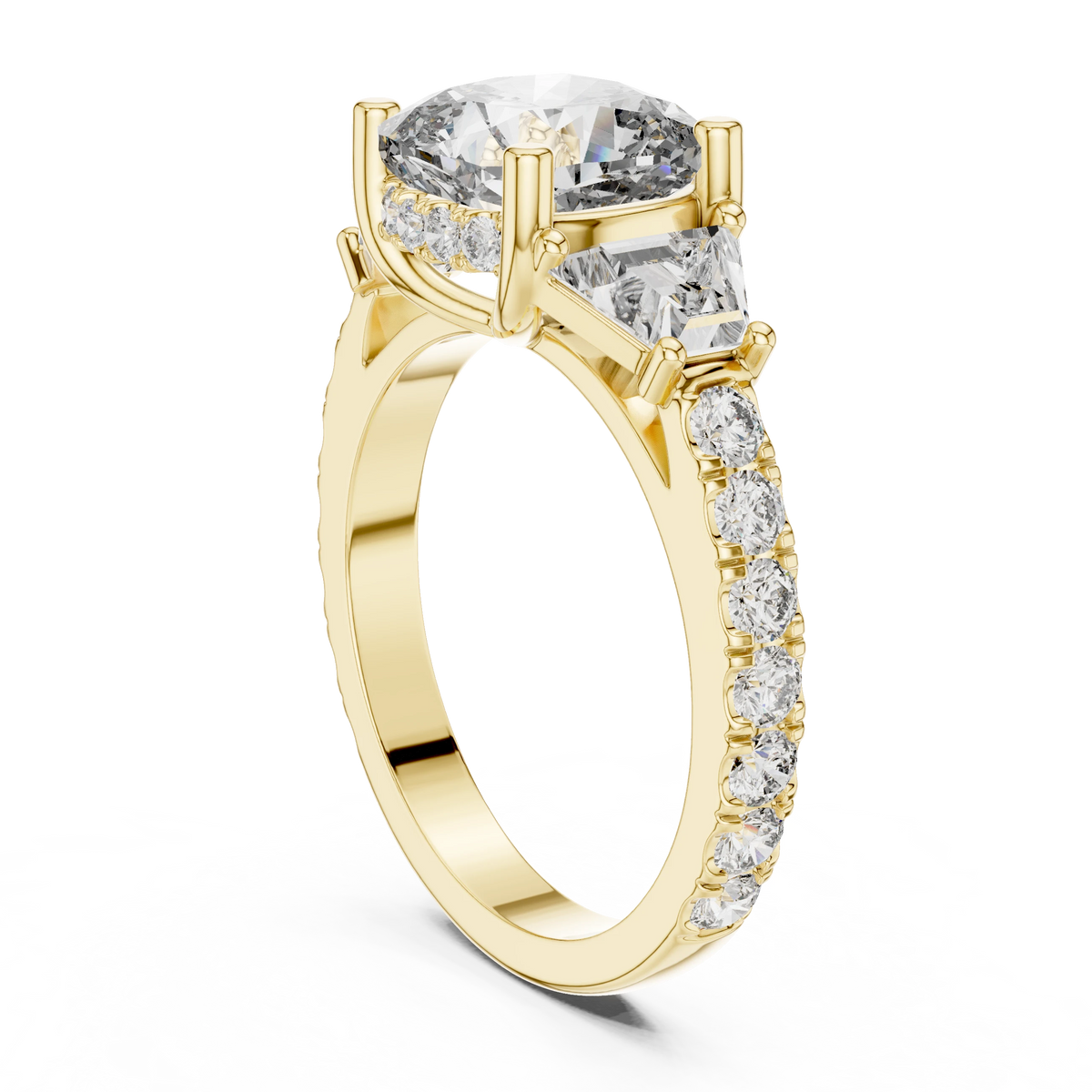 Cushion Trapezoid Three Stone Moissanite Engagement Ring in yellow 925 sterling silver, view 1