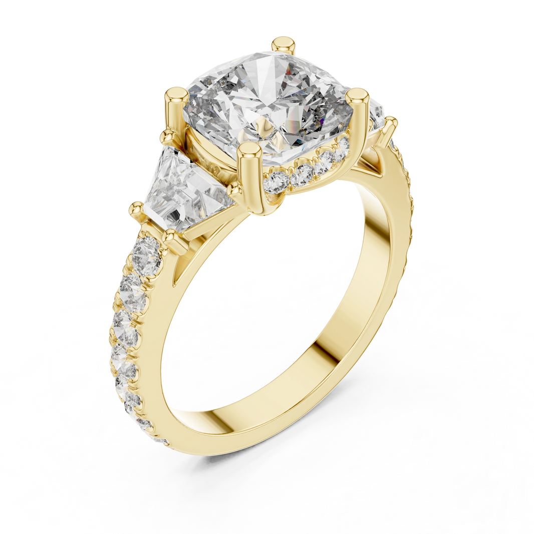 Cushion Trapezoid Three Stone Moissanite Engagement Ring in yellow 925 sterling silver, view 2