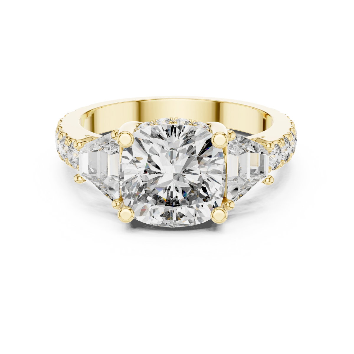 Cushion Trapezoid Three Stone Moissanite Engagement Ring in yellow 925 sterling silver, view 4