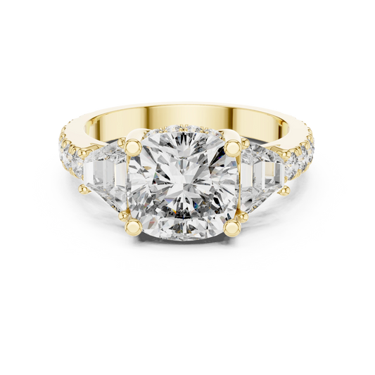 Cushion Trapezoid Three Stone Moissanite Engagement Ring in yellow 925 sterling silver, view 4